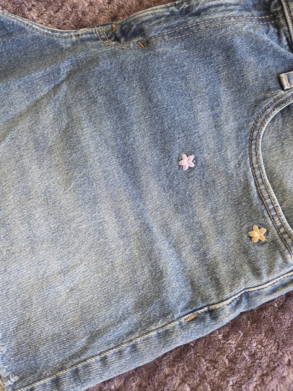 Lucky Brand Blue 90's  Denim Short Overalls with Pink and Tan Floral Embroidery